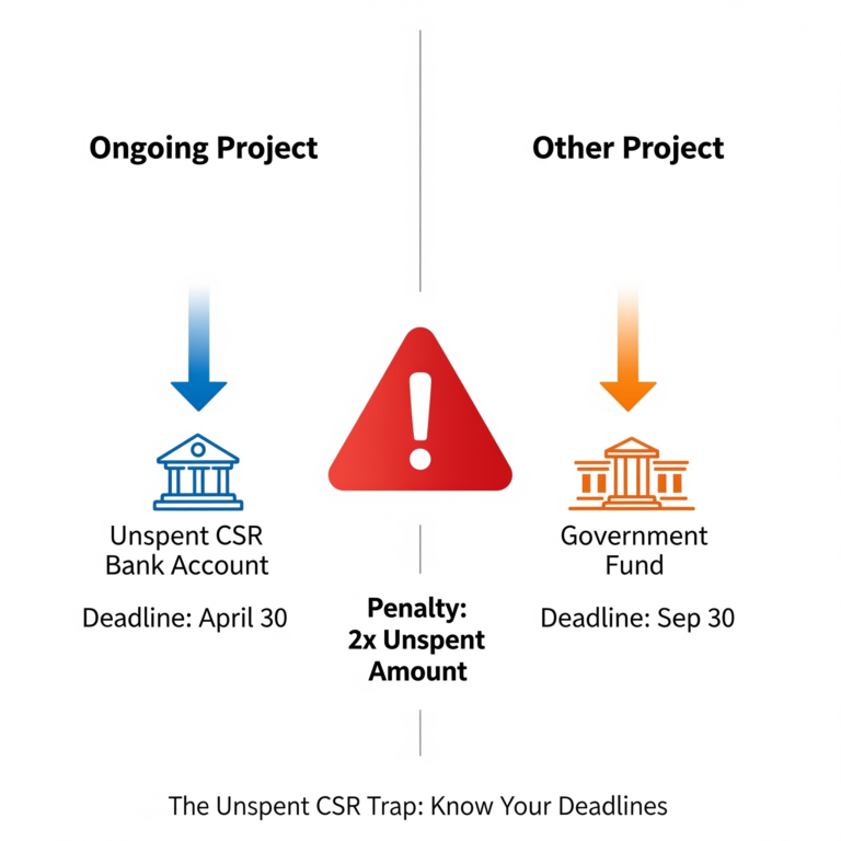 Here are the optimized details for the image to maximize SEO and accessibility on your website: 1. Alt Text (For SEO & Screen Readers) "Flowchart illustrating Section 135 CSR compliance: The treatment of Unspent CSR funds. Left side details 'Ongoing Projects' transferring to a special bank account by April 30. Right side details 'Other/One-time Projects' transferring to Schedule VII funds by September 30. Center icon warns of the 2x penalty for non-compliance