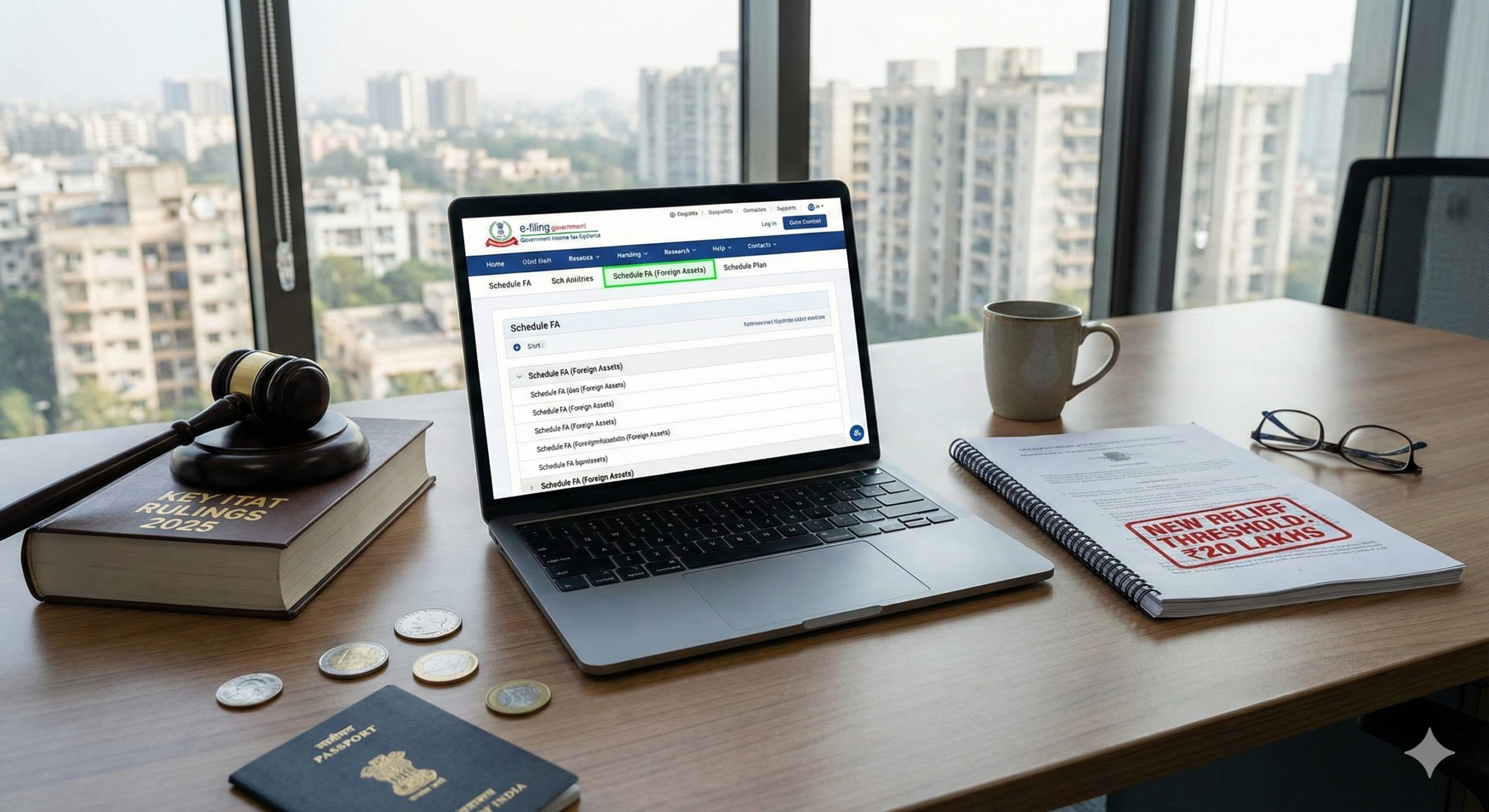 CA desk showing income tax portal displaying Schedule FA foreign assets tab, a document stamped with "₹20 Lakh Relief Threshold," and a gavel representing 2025 ITAT rulings on Black Money Act penalties.