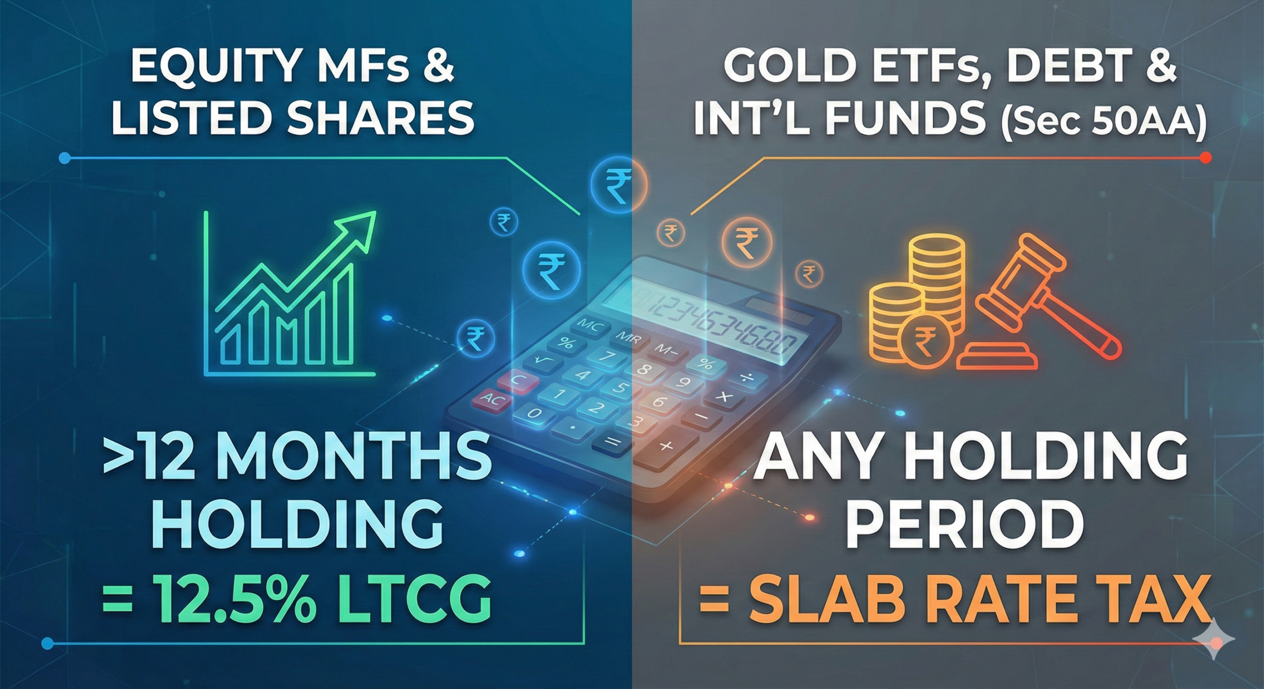 Infographic comparing Indian capital gains tax rates between equity mutual funds versus Gold ETFs, Debt funds, and international funds under Section 50AA post-July 2024