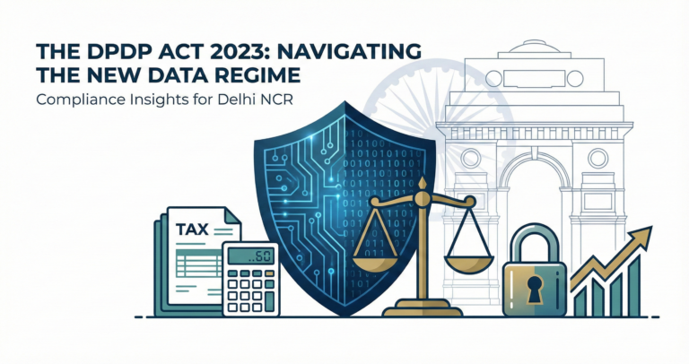 Illustration representing India's DPDP Act 2023 compliance, showing abstract digital data shields, legal scales, financial graphs, and subtle outlines of Delhi landmarks like India Gate with text "The DPDP Act 2023: Navigating the New Data Regime."