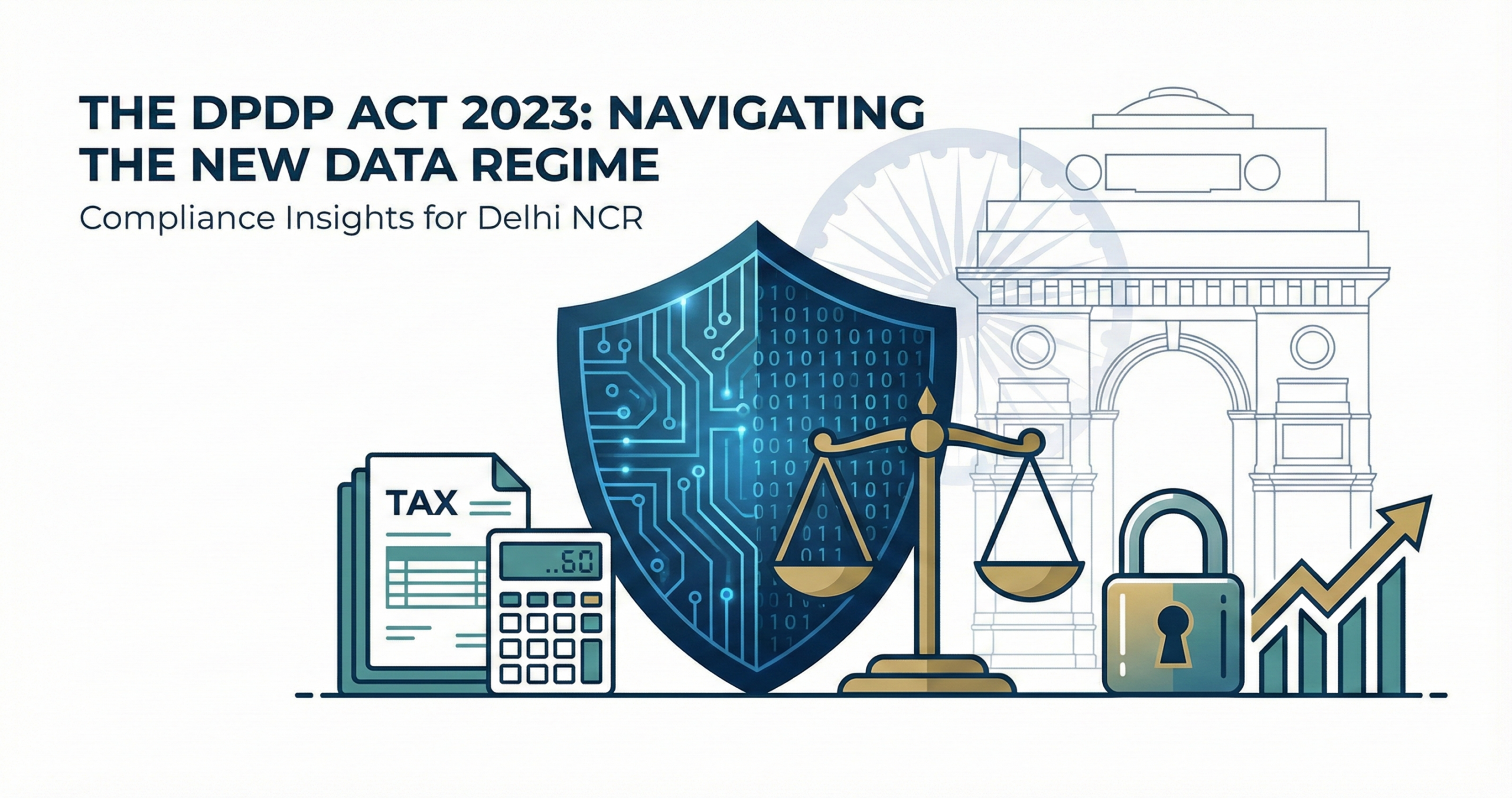 Illustration representing India's DPDP Act 2023 compliance, showing abstract digital data shields, legal scales, financial graphs, and subtle outlines of Delhi landmarks like India Gate with text "The DPDP Act 2023: Navigating the New Data Regime."