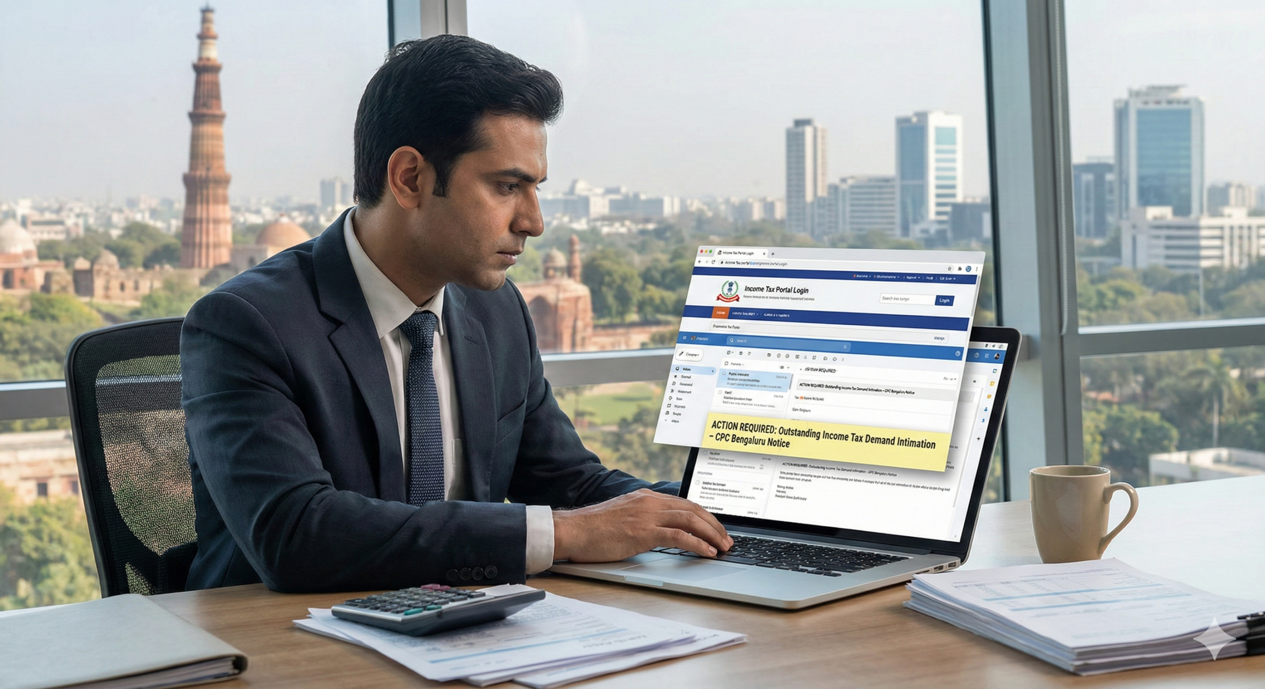 A professional in a Delhi NCR office viewing an email regarding an Outstanding Income Tax Demand and CPC Bengaluru Notice on their laptop while accessing the Income Tax Portal Login screen for tax compliance.