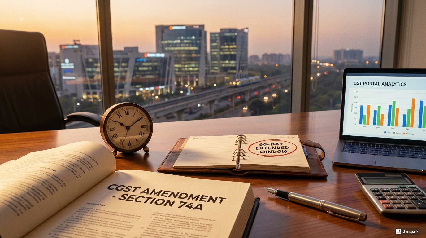 A professional Chartered Accountant's desk in Delhi NCR displaying legal documents for the new GST Section 74A and a calendar highlighting the extended 60-day reduced penalty window.