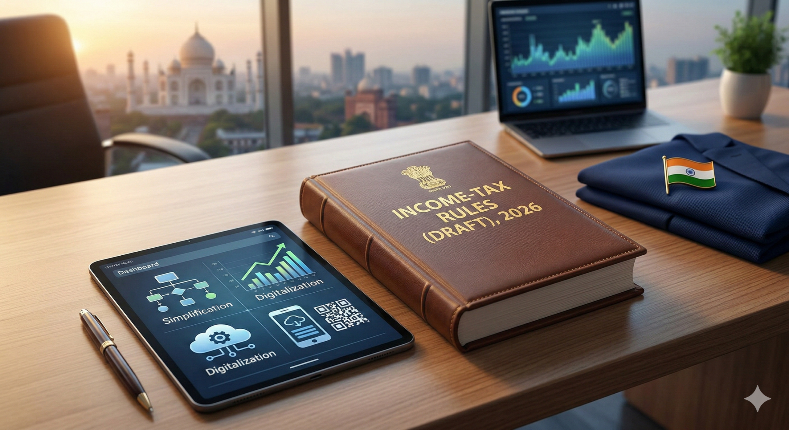 A professional photograph of an office desk in India featuring a printed volume titled 'INCOME-TAX RULES (DRAFT), 2026' alongside a tablet displaying digital interfaces for taxation, charts, and icons representing 'Simplification' and 'Digitalization.' An Indian cityscape is visible in the background at dusk.