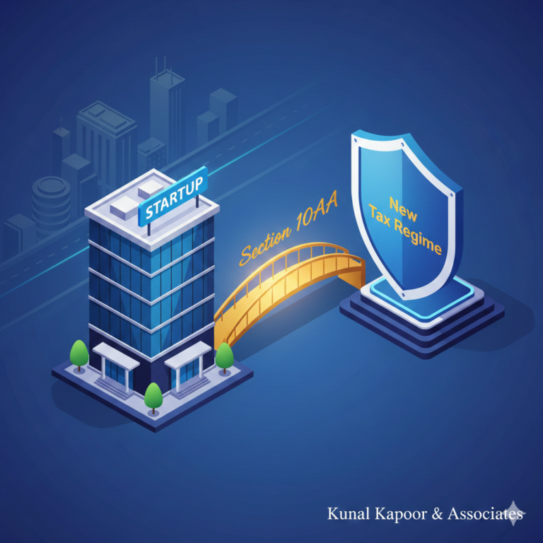 Digital illustration showing a Special Economic Zone (SEZ) office building and a New Tax Regime shield connected by a bridge representing Section 10AA tax deductions for Indian startups.