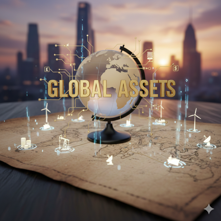 A conceptual 3D visualization of a metallic globe and a vintage world map on a desk, featuring glowing digital icons of global assets like foreign real estate, offshore bank accounts, and international stocks. The text "GLOBAL ASSETS" is displayed in bold gold letters against a blurred metropolitan city sunset, symbolizing international tax compliance and wealth disclosure under India's Budget 2026.