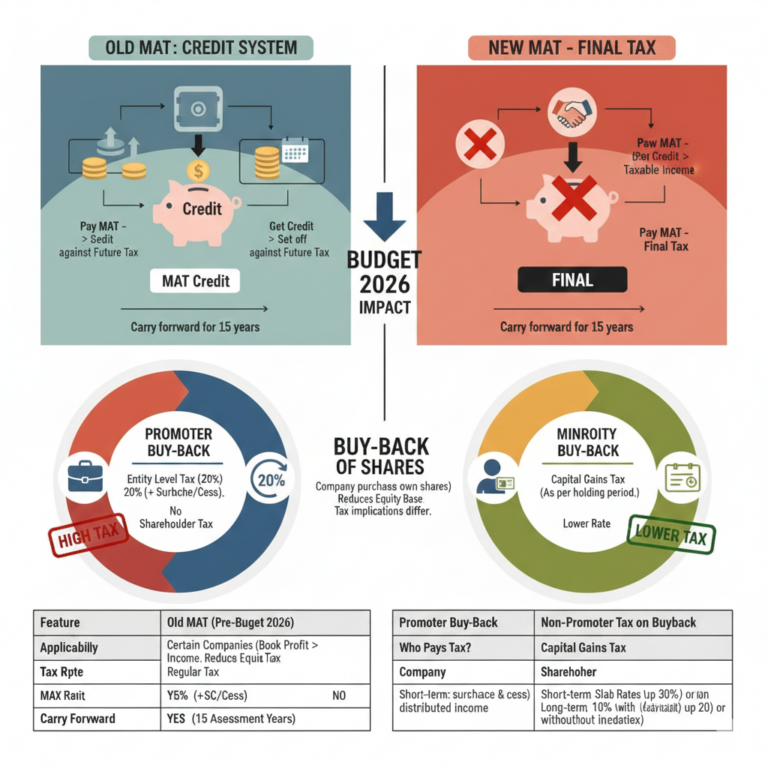 A high-resolution comparison infographic for Indian Budget 2026 showing the transition of Minimum Alternate Tax (MAT) from a credit-based system to a final tax at 14%, and the new buy-back tax structure shifting liability from companies to shareholders as capital gains.