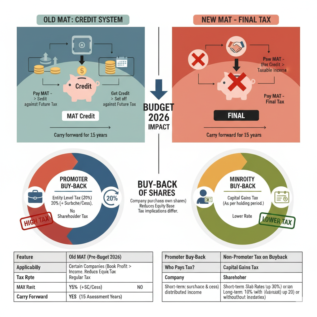 A high-resolution comparison infographic for Indian Budget 2026 showing the transition of Minimum Alternate Tax (MAT) from a credit-based system to a final tax at 14%, and the new buy-back tax structure shifting liability from companies to shareholders as capital gains.